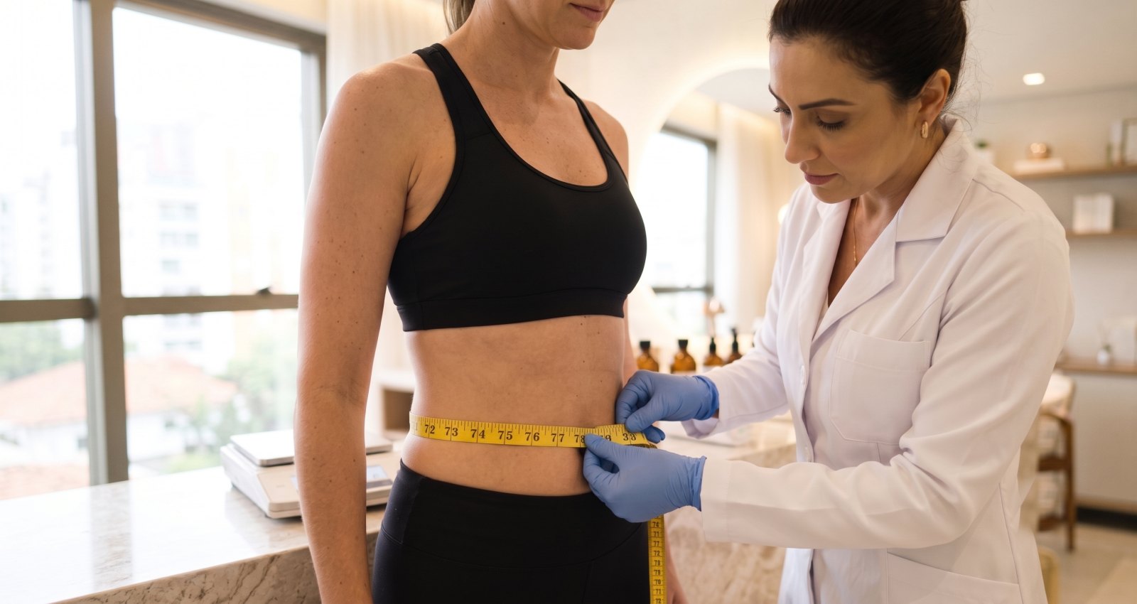 Profissional de est�tica medindo a circunfer�ncia abdominal de uma paciente