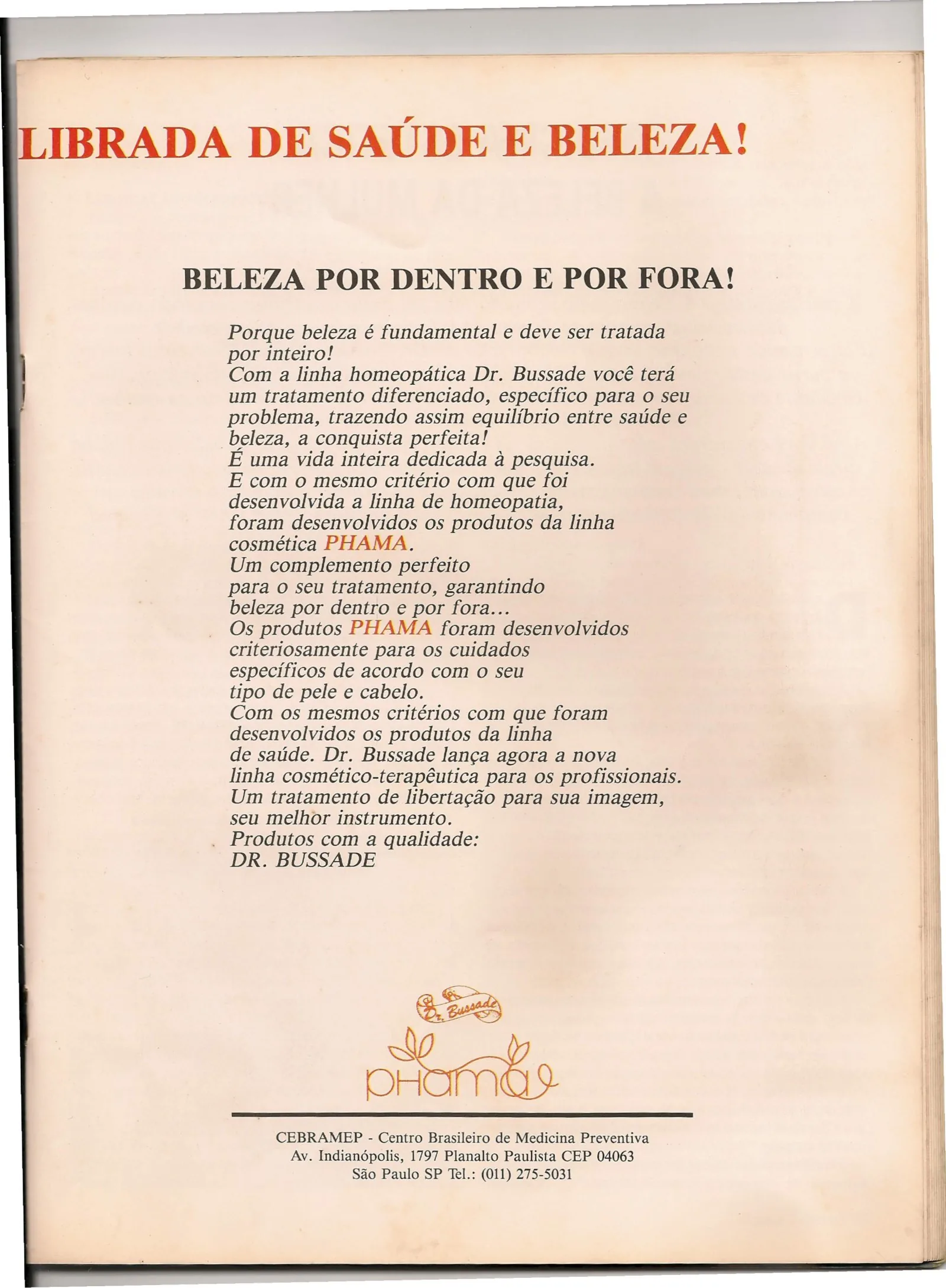 Segunda página do anúncio do CEBRAMEP de 1989, com os logotipos Dr. Bussade e PHAMA e o endereço da Avenida Indianópolis