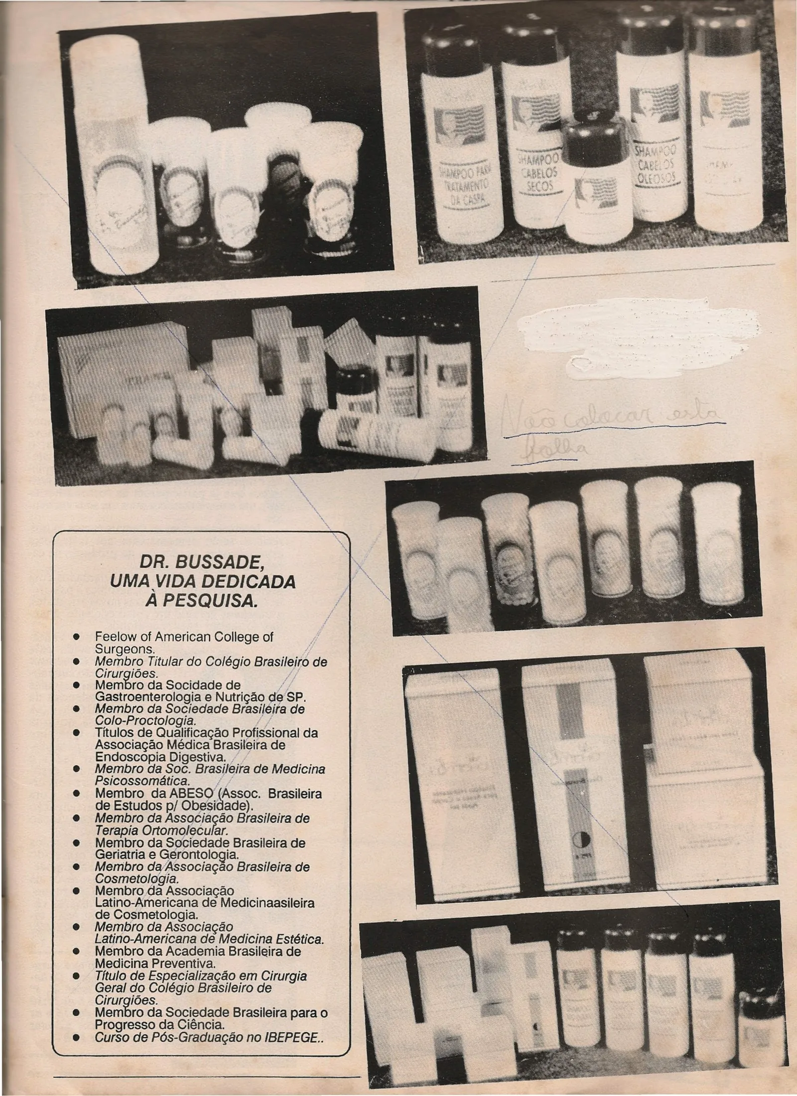 Página da revista Talento News de 1992 com fotos das linhas de produtos e o quadro de titulações do Dr. Bussade